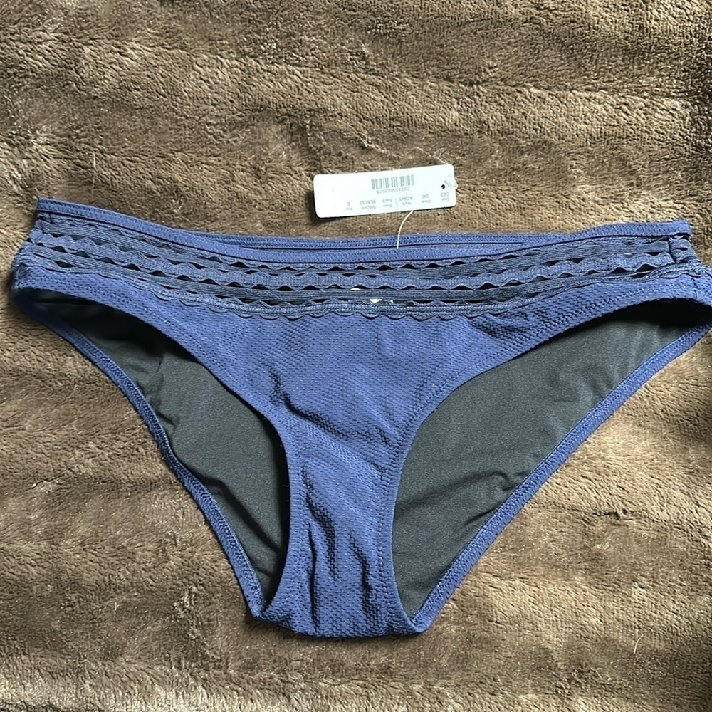 NWT J Crew Lowrider Pique’ Bikini Bottom with Rickrack Inset Navy Blue Sz small